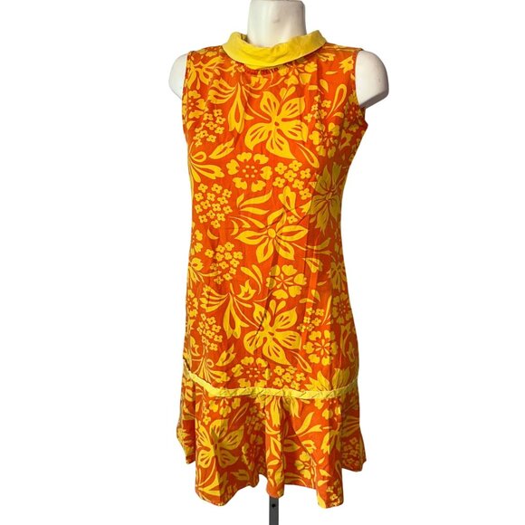 Vtg 60s Orange Yellow Hawaiian Drop Waist Floral Sun Dress Size Medium Womens - Picture 1 of 6